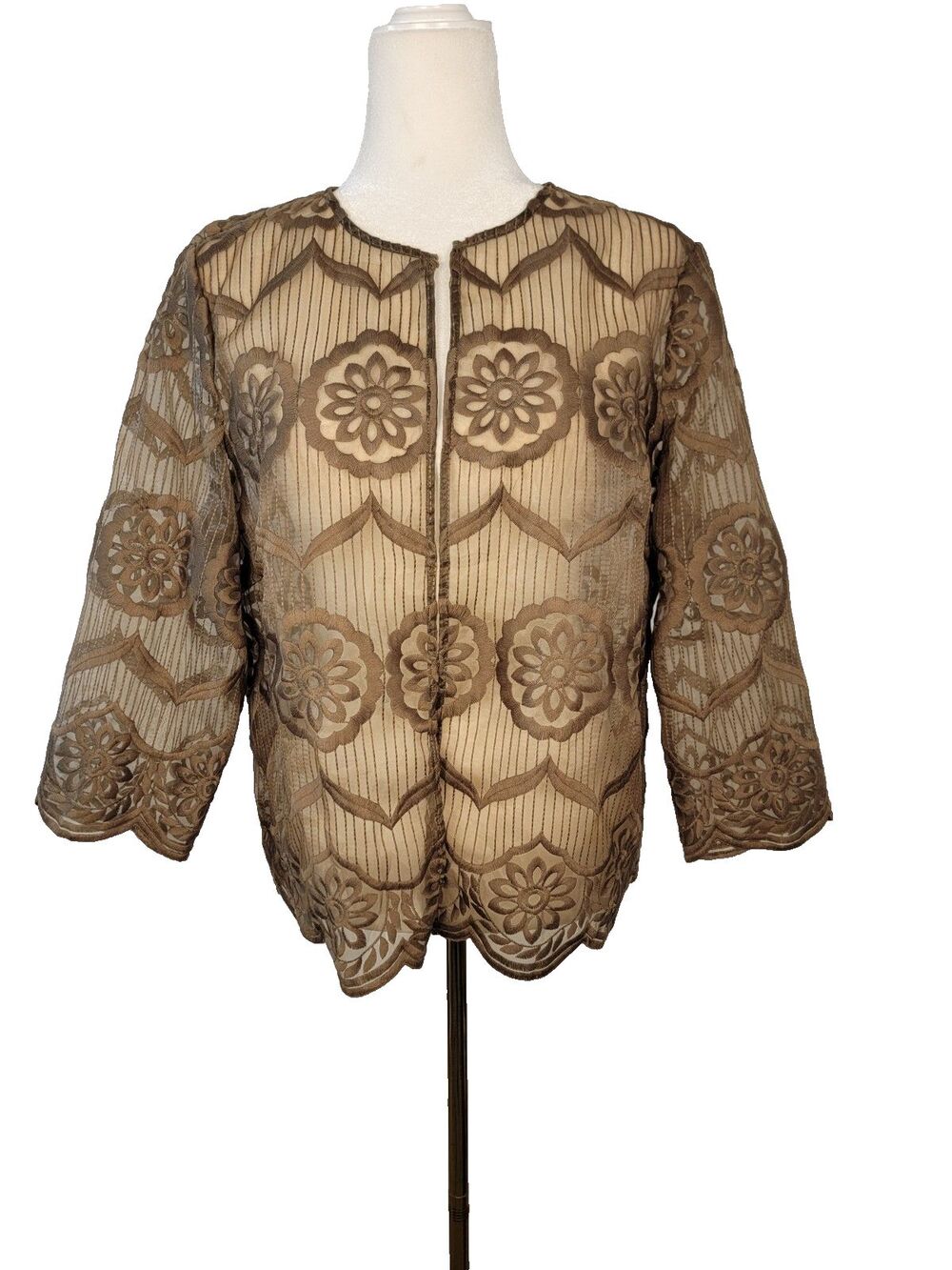 Chico's 2 L Brown Lace Sheer Open Front Jacket Bolero